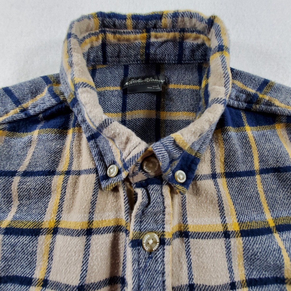 Eddie Bauer Mens Blue Tan Yellow Plaid Flannel Button Down Shirt L EM32LW202 - Picture 4 of 9